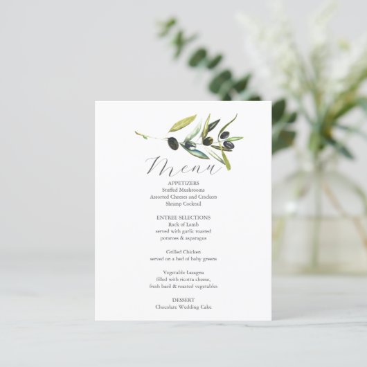 Trouwmenu's Elegante Botanische Olijftak (Staand voorkant)