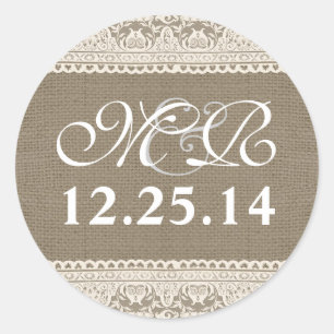 Trouwmonogram en datum burlap kant stickers
