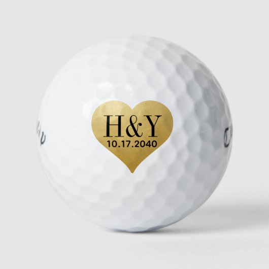 Trouwmonogram Initiaal Datum Gouden Hart Golfballen (Voorkant)
