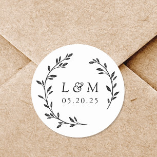 Trouwmonogram met lauwerkrans ronde sticker