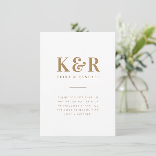 Trouwmonogram Minimalistisch Eenvoudig Goud en Wit Bedankkaart (Staand voorkant)