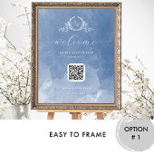 Trouwmonogram QR-code zitplaatsbord in stoffig bla Poster