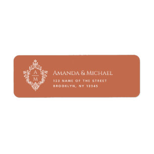 Trouwmonogram terracotta vintage wapenschild etiket