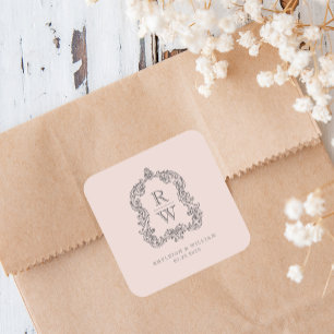 Trouwnamen met vintage monogram wapenschild Roze Vierkante Sticker