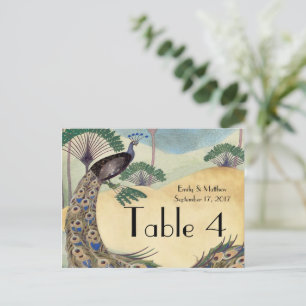 Trouwnummerskaart met vintage pauw en palmboom briefkaart