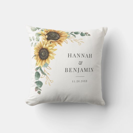 Trouwpaar met bloemenzonnebloem en eucalyptus kussen (Voorkant)