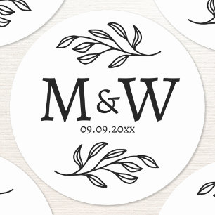 Trouwpaar Monogram Datum Elegant Botanisch Ronde Sticker