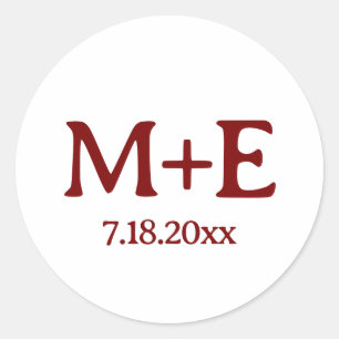 Trouwpaar Rode Initialen & Datum Ronde Sticker