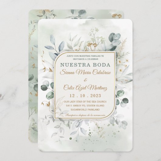 Trouwpakket Sjabloon in goud en groen Kaart (Voorkant / Achterkant)