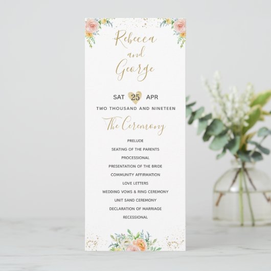 Trouwprogramma bloemenblush en goud elegant programma (Staand voorkant)