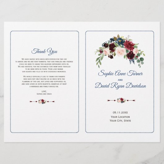 Trouwprogramma Blush Burgundy Marsala Bloemen Flyer (Voorkant)