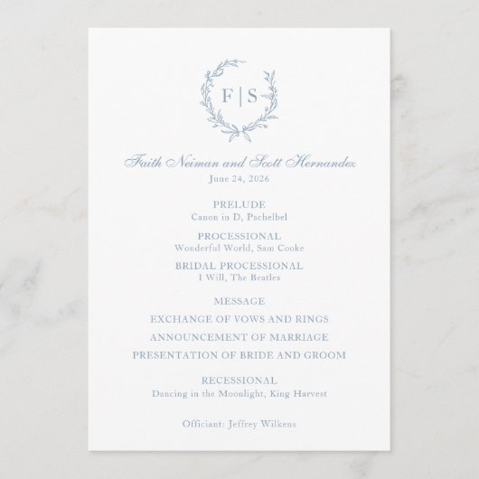 Trouwprogramma Dusty Blue Monogram Krans Programma (Voorkant)