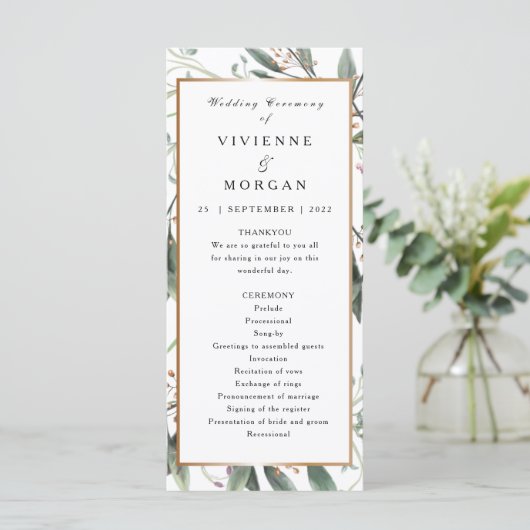 Trouwprogramma elegante waterverf groen bladgoud programma (Staand voorkant)