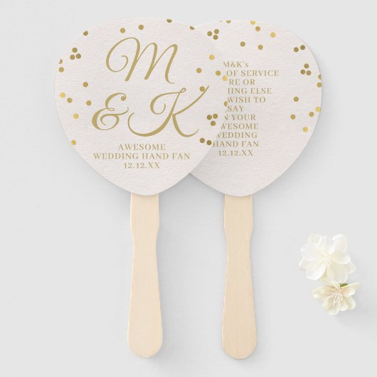 Trouwprogramma handventilator met roze gouden conf handwaaier (Voorkant en achterkant)
