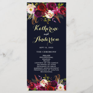 Trouwprogramma in Navy Burgundy Marsala Boho Bloem Programma