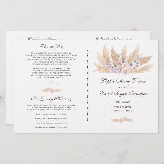 Trouwprogramma met Blush Roze Orchidee en Pampagra (Voorkant / Achterkant)