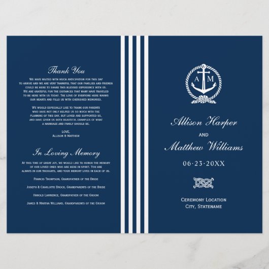 Trouwprogramma met maritiem anker in Navyblauw (Voorkant)