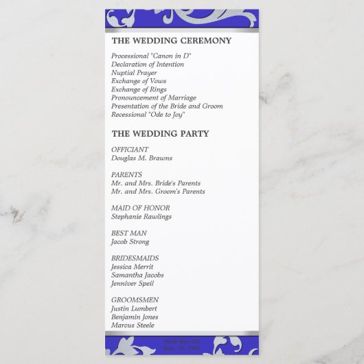 Trouwprogramma - Royal Blue Silver Sparkle Swirl Programma (Achterkant)