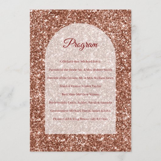 Trouwprogramma Roze Goud Ceremonie Gebogen Glitter Programma (Voorkant)