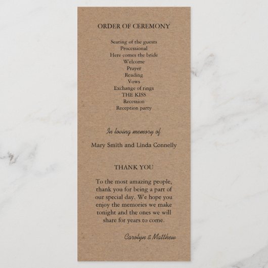 Trouwprogramma | rustiek kraftpapier programma (Achterkant)