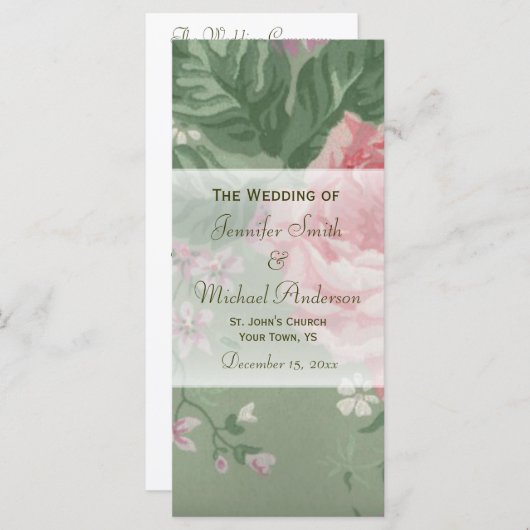 Trouwprogramma voor groene en roze Rose Wedding Programma (Voorkant / Achterkant)