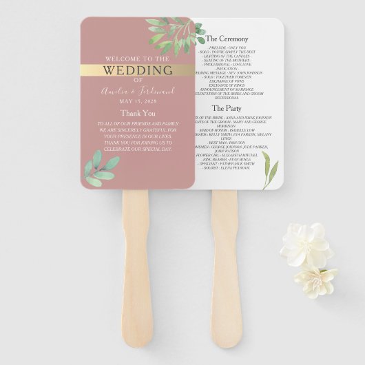 Trouwprogramma-waaier met Stof Roze Groen Handwaaier (Voorkant en achterkant)