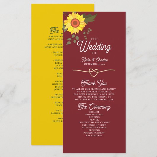 Trouwprogramma Zonnebloem (Voorkant / Achterkant)