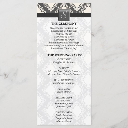 Trouwprogramma - Zwart-wit Damast Monogram Programma (Achterkant)