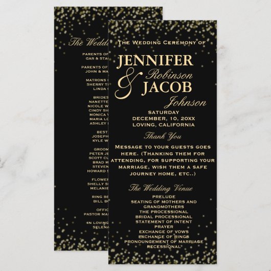 Trouwprogramma | Zwarte en gouden Confetti Programma (Voorkant / Achterkant)