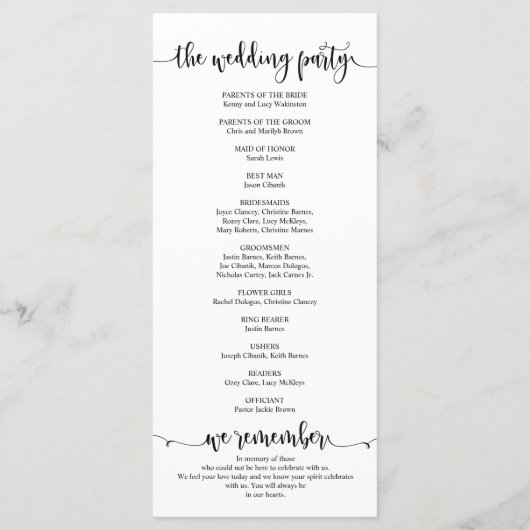 Trouwprogrammakaart in rustiek kalligrafiethema programma (Achterkant)