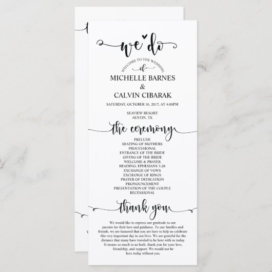 Trouwprogrammakaart in rustiek kalligrafiethema programma (Voorkant / Achterkant)