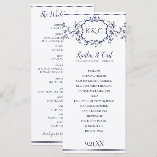 Trouwprogramma's - Elegant Navy Blue Vines Programma (Voorkant / Achterkant)