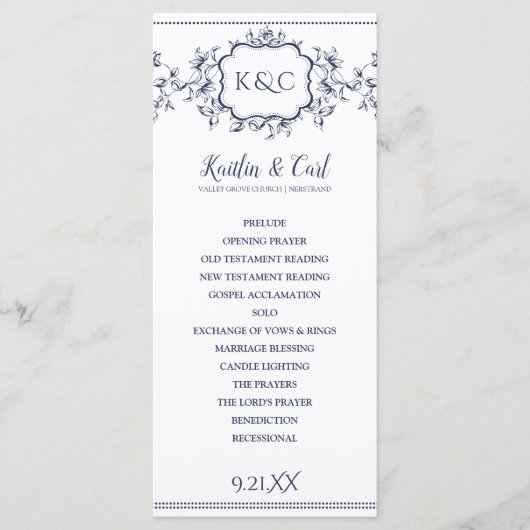 Trouwprogramma's - Elegant Navy Blue Vines Programma (Voorkant)