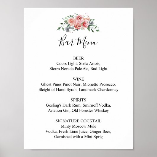 Trouwreceptie Bar Menu Roze Bloemenscript Poster (Voorkant)