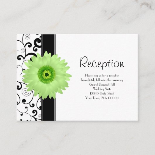 Trouwreceptie Green Gerbera Daisy Black Scroll Informatiekaartje (Voorkant)