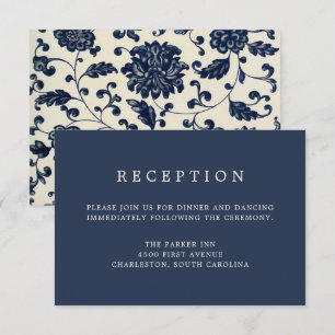 Trouwreceptie in vintage bloemstijl Marineblauw Kaart