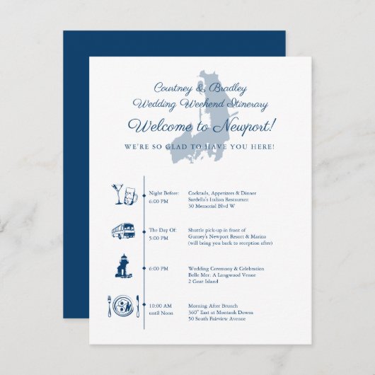 Trouwreceptie Itinerary Tijdlijn Newport RI Informatiekaartje (Voorkant / Achterkant)