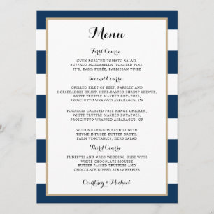 Trouwreceptie Menu met Navy Blauwe Strepen en Goud Kaart