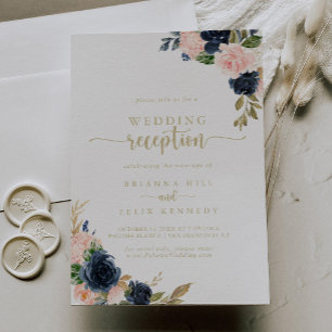 Trouwreceptie Navy Blush Bloem Goud Kaart