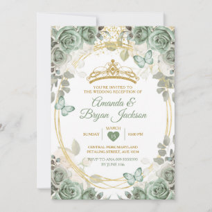 Trouwreceptie Sage Green Gold Crown Butterfly Kaart