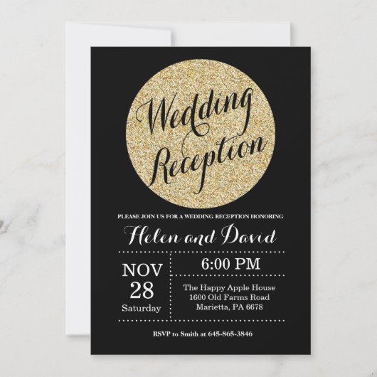 Trouwreceptie Zwart Gouden Glitter Uitnodiging (Voorkant)