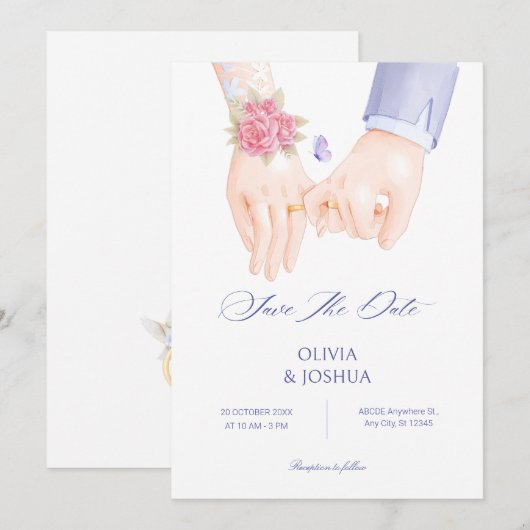 Trouwring handen vasthoudend zachte elegante trouw save the date (Voorkant / Achterkant)