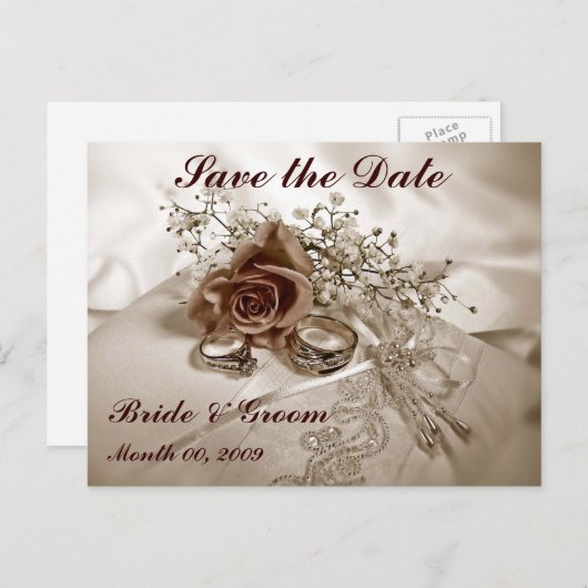 Trouwringen en Rozen Save the Date Briefkaarten (Voorkant / Achterkant)