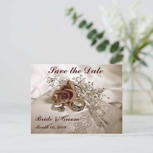 Trouwringen en Rozen Save the Date Briefkaarten (Staand voorkant)