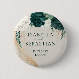 Trouwroom Crème Salie Smaragdgroene Roos Bloemstuk Ronde Button 5,7 Cm