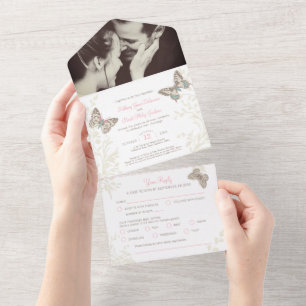 Trouwroze bruine vlinders foto maaltijd RSVP All In One Uitnodiging