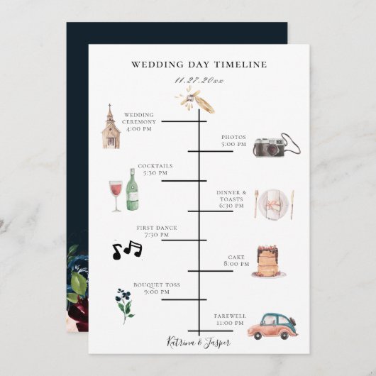Trouwschema met Navy Blauwe Bloem Illustratie Programma (Voorkant / Achterkant)