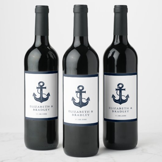 Trouwschepen Naam Navy Blauwe Aangepaste Boot Wijn Etiket (Flessen)