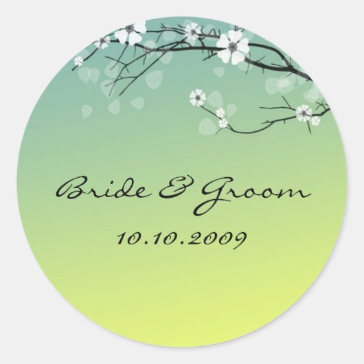 Trouwsticker bloesemtak turkoois goud ronde sticker (Voorkant)