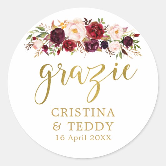 Trouwsticker met bloemen en monogram 'Grazie' Ronde Sticker (Voorkant)